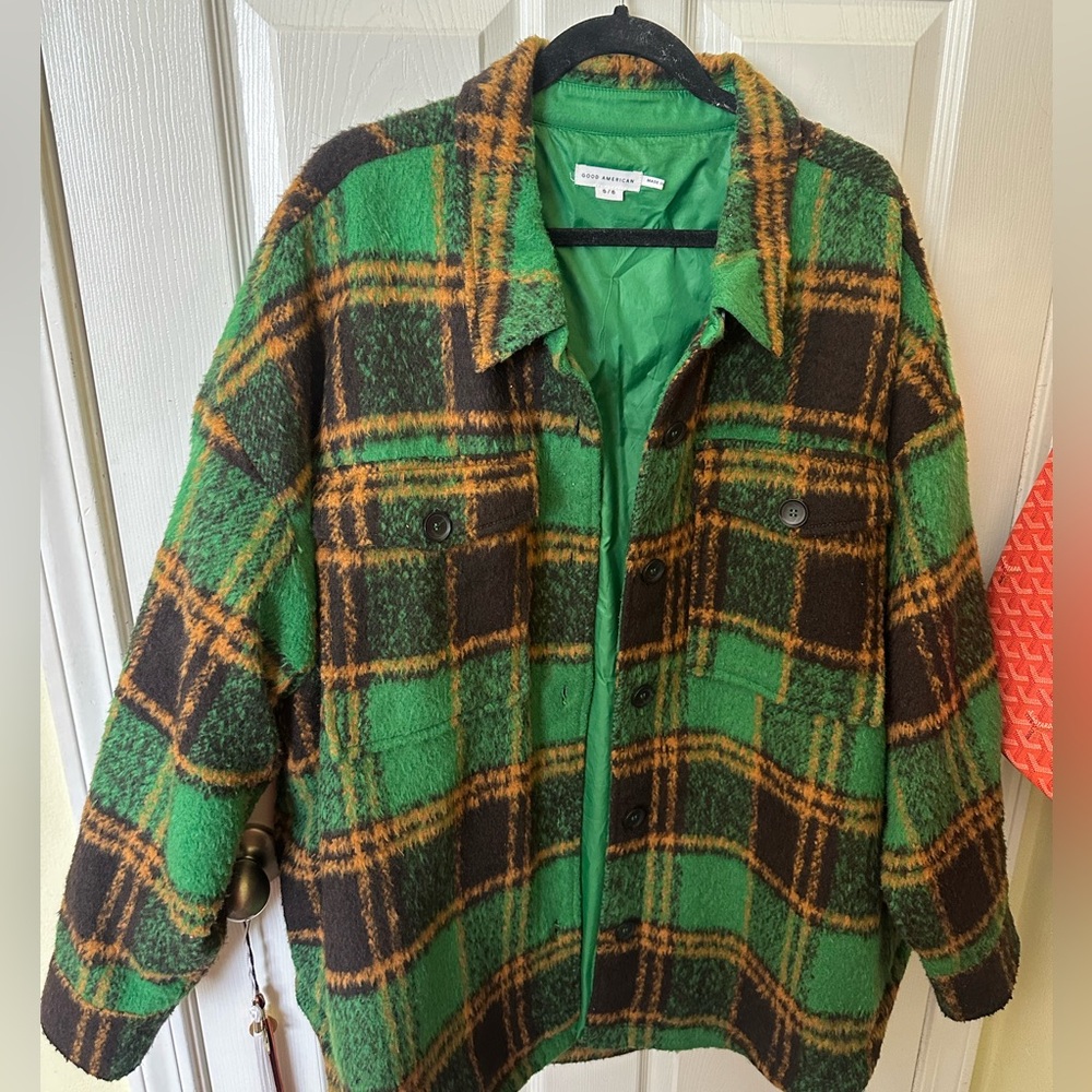 Good American Green Plaid Shacket